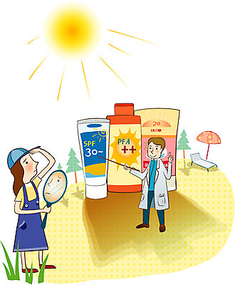 EPS 주간 모자 여자 남자 일러스트 의학 사람 야외 두명 치료 햇빛 태양 거울 환자 의사 파라솔 가운 의사가운 질병 선크림 선베드 주근깨 자외선 국내일러스트 자연요소 잡화 옷 의자 화장품 의료진 점 파일형식 벡터
