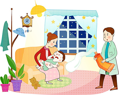 EPS 여자 남자 화분 어린이 시계 일러스트 창문 의학 엄마 조명 실내 사람 치료 세명 소파 환자 의사 질병 야간 옷걸이 아토피 아토피연고 연고 국내일러스트 자연요소 의자 가족 내부 의료진 파일형식 벡터