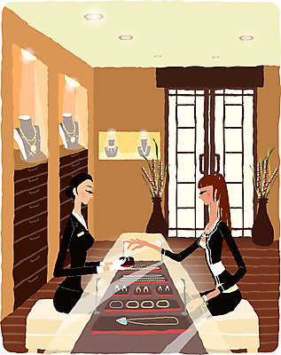 EPS 우먼라이프 라이프스타일 웰빙 여자 화분 의자 일러스트 목걸이 장신구 실내 사람 두명 라이프 생활 쇼핑 소파 상점 반지 보석 진열장 모던라이프 보석가게 쥬얼리샵 여자만 국내일러스트 가구 내부 광석 파일형식 벡터