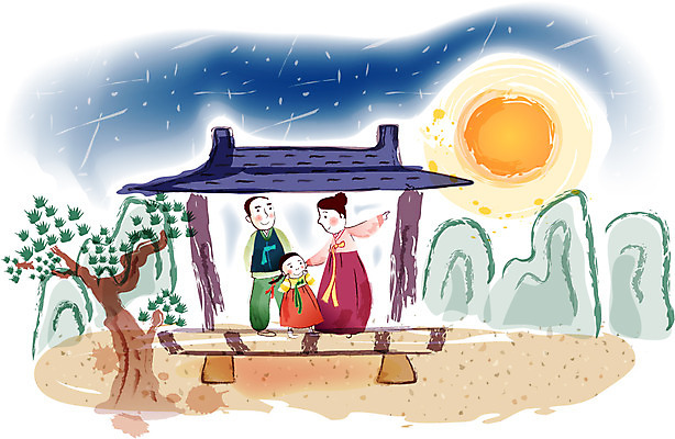 EPS 나무 한국전통 계절 여자 명절 남자 건축 고건축 일러스트 가족 밤하늘 산 사람 야외 세명 추석 달 가을 시골 야간 한복 정자 달맞이 국내일러스트 자연요소 식물 전통 건축물 기념일 관계 하늘 한국 전통의상 파일형식 벡터