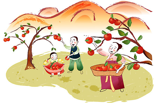 EPS 계절 여자 명절 남자 과일 일러스트 가족 산 감 사람 야외 세명 치마 바구니 추석 가을 한복 감나무 홍시 국내일러스트 나무 한국전통 전통 기념일 관계 하의 전통의상 파일형식 벡터