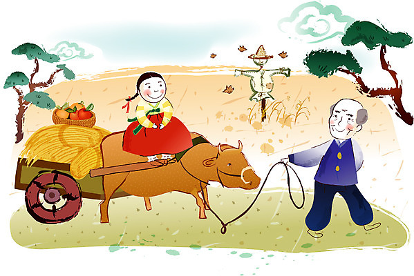 EPS 주간 나무 구름 계절 여자 명절 남자 과일 일러스트 하늘 논 사람 초원 야외 두명 바구니 추석 가을 농촌 시골 소나무 소 한복 허수아비 참새 국내일러스트 자연요소 식물 한국전통 전통 기념일 농업 포유류 조류 전통의상 파일형식 벡터