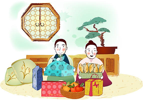 EPS 나무 계절 여자 명절 남자 과일 일러스트 창문 실내 선물 어류 사람 두명 추석 가을 소나무 한복 서랍장 추석선물 조기_생선 국내일러스트 식물 한국전통 전통 기념일 가구 내부 수중동물 전통의상 파일형식 벡터 명절선물