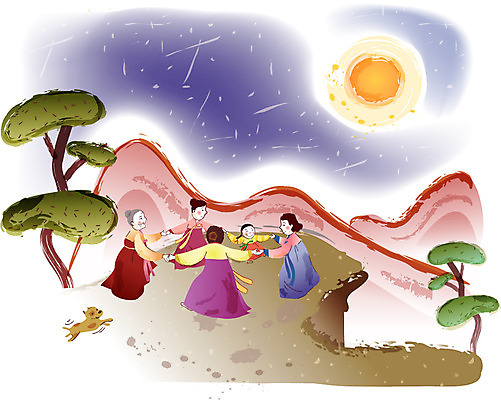 EPS 계절 여자 명절 일러스트 밤하늘 산 사람 여러명 야외 추석 전통놀이 보름달 달 가을 소나무 강아지 야간 한복 언덕 강강술래 여자만 국내일러스트 자연요소 나무 한국전통 전통 기념일 다수 놀이 하늘 반려동물 개 전통의상 파일형식 벡터