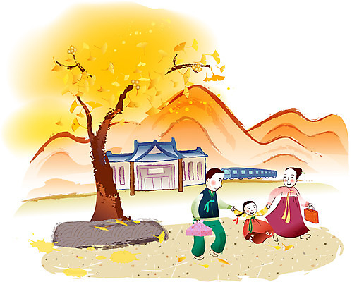 EPS 계절 여자 명절 남자 고건축 일러스트 가족 산 기와집 사람 야외 세명 추석 기차 가을 시골 한복 은행잎 은행나무 고향 국내일러스트 나무 한국전통 전통 건축물 기념일 육상교통 잎 관계 대중교통 한옥 전통의상 파일형식 벡터