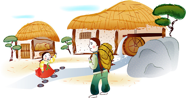 EPS 주간 계절 여자 명절 남자 고건축 일러스트 초가집 사람 야외 두명 물 추석 가을 돌_바위 바위 소나무 개울 소 한복 지게 물레방아 쌀가마 징검다리 국내일러스트 자연요소 나무 한국전통 전통 건축물 기념일 포유류 한옥 강 다리_건축물 전통의상 파일형식 벡터