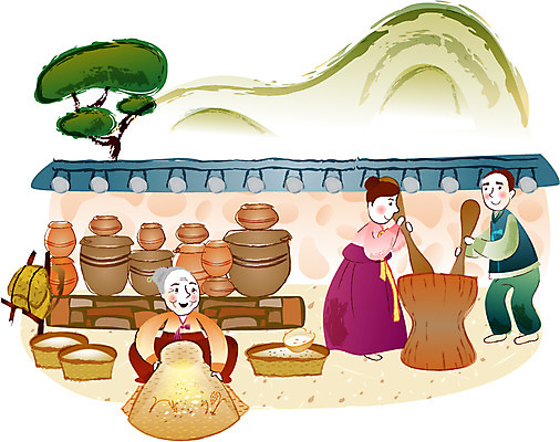 EPS 주간 나무 계절 여자 명절 남자 일러스트 열쇠 산 곡류 사람 야외 세명 담장 추석 가을 항아리 한복 키_도구 절구 지게 국내일러스트 자연요소 식물 한국전통 전통 기념일 도구 도자기 전통의상 파일형식 벡터