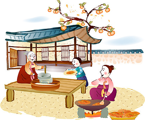 EPS 주간 계절 여자 명절 남자 고건축 가사 일러스트 감 기와집 요리 사람 야외 세명 담장 추석 가을 한복 감나무 부침개 평상 맷돌 국내일러스트 자연요소 나무 한국전통 전통 건축물 기념일 한식 과일 한옥 전통의상 파일형식 벡터