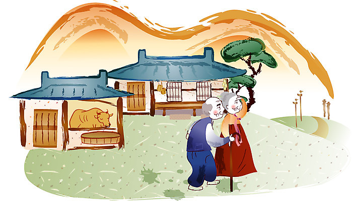 EPS 주간 계절 여자 명절 할아버지 남자 할머니 고건축 일러스트 산 기와집 사람 야외 두명 추석 노부부 가을 농촌 시골 소나무 소 한복 언덕 노인만 성인만 국내일러스트 자연요소 나무 한국전통 전통 건축물 부부 기념일 노년 포유류 한옥 전통의상 파일형식 벡터