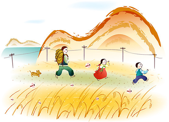 EPS 주간 계절 여자 명절 남자 일러스트 가족 하늘 산 논 사람 야외 세명 추석 가을 시골 강아지 잠자리 한복 고향 국내일러스트 자연요소 한국전통 전통 기념일 곤충 농업 관계 반려동물 개 전통의상 파일형식 벡터