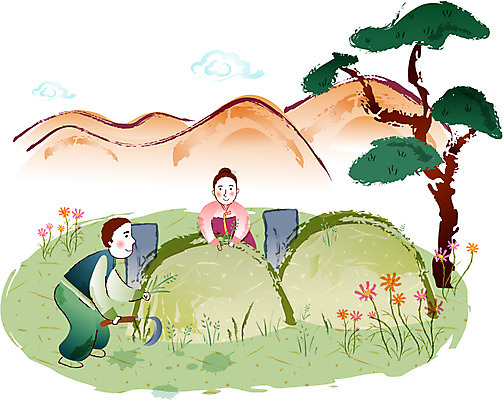 EPS 주간 나무 구름 계절 여자 명절 남자 꽃 일러스트 산 사람 야외 두명 추석 가을 무덤 소나무 잡초 한복 비석 코스모스 낫 성묘 국내일러스트 자연요소 식물 한국전통 전통 기념일 전통의상 파일형식 벡터