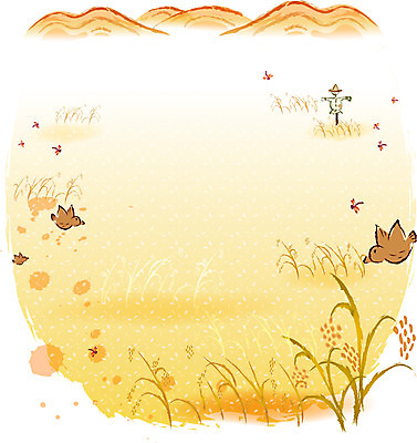 EPS 주간 사계절 계절 명절 컬러 백그라운드 일러스트 자연 산 한국 논 풍경 초원 사람없음 야외 추석 주황색 가을 시골 풀 잠자리 허수아비 참새 가을배경 국내일러스트 자연요소 식물 전통 기념일 아시아 곤충 농업 조류 생태계 파일형식 벡터 가을_계절