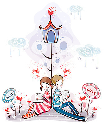 EPS 커플 여자 남자 행복 감정 데이트 일러스트 사랑 사람 20대 두명 10대 우체통 러브레터 편지 국내일러스트 관계 청소년 청년 파일형식 벡터