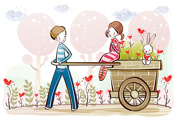 EPS 나무 커플 여자 남자 행복 감정 데이트 일러스트 사랑 사람 20대 두명 10대 수레 토끼 국내일러스트 식물 포유류 관계 청소년 청년 반려동물 카트 파일형식 벡터