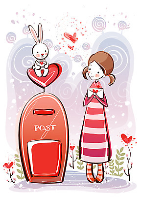 EPS 커플 여자 감정 일러스트 청소년 사랑 한명 사람 10대 우체통 토끼 러브레터 편지 여자만 여자한명만 십대만 십대여자만 십대여자한명만 국내일러스트 1 포유류 관계 반려동물 파일형식 벡터