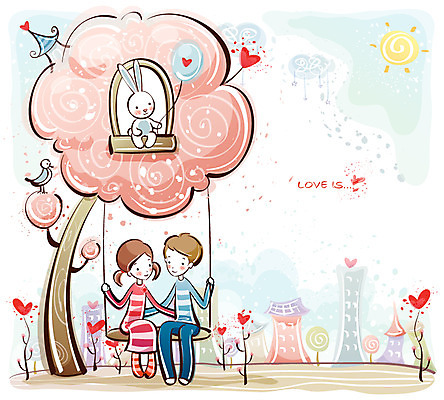 EPS 주간 커플 여자 남자 행복 감정 데이트 일러스트 조류 사랑 사람 20대 야외 두명 10대 토끼 도시 풍선 나무그네 국내일러스트 자연요소 동물 포유류 관계 청소년 청년 반려동물 그네 파일형식 벡터