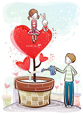 EPS 커플 여자 남자 행복 감정 화분 데이트 일러스트 사랑 사람 20대 두명 10대 물뿌리개 토끼 사랑꽃 국내일러스트 꽃 포유류 관계 청소년 청년 반려동물 파일형식 벡터