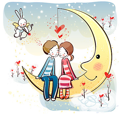 EPS 구름 커플 여자 남자 행복 감정 데이트 일러스트 사랑 사람 20대 두명 10대 달 초승달 사랑의화살 국내일러스트 자연요소 관계 청소년 화살 청년 파일형식 벡터