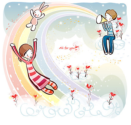 EPS 구름 커플 여자 남자 행복 감정 무지개 데이트 일러스트 사랑 사람 20대 두명 10대 토끼 국내일러스트 자연요소 포유류 관계 청소년 청년 반려동물 파일형식 벡터