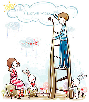 EPS 구름 커플 여자 남자 행복 감정 데이트 일러스트 사다리 사랑 사람 20대 두명 10대 토끼 나무밑둥 국내일러스트 자연요소 나무 포유류 관계 청소년 청년 반려동물 도구 파일형식 벡터
