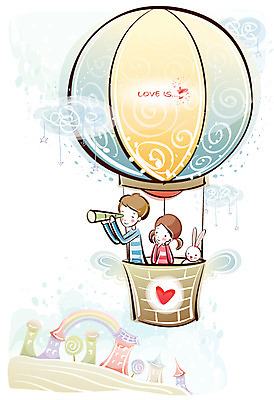 EPS 구름 커플 여자 남자 행복 감정 데이트 일러스트 사랑 사람 20대 야외 두명 10대 망원경 열기구 토끼 도시 풍선 국내일러스트 자연요소 포유류 관계 항공교통 청소년 청년 반려동물 파일형식 벡터