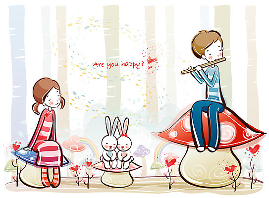 EPS 커플 여자 남자 행복 감정 데이트 일러스트 관악기 사랑 사람 20대 두명 10대 버섯 토끼 풀 플루트 국내일러스트 식물 악기 포유류 관계 청소년 청년 반려동물 파일형식 벡터