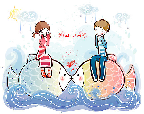 EPS 커플 여자 남자 행복 감정 바다 데이트 일러스트 키스 사랑 어류 사람 20대 두명 10대 태양 국내일러스트 자연요소 관계 청소년 청년 수중동물 애정표현 파일형식 벡터