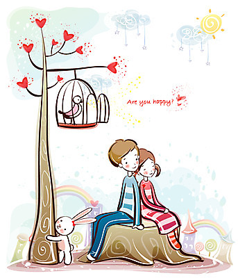 EPS 나무 커플 여자 남자 행복 감정 데이트 일러스트 조류 사랑 사람 20대 두명 10대 토끼 나무밑둥 국내일러스트 식물 동물 포유류 관계 청소년 청년 반려동물 파일형식 벡터