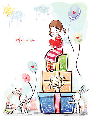 EPS 커플 여자 행복 감정 데이트 일러스트 청소년 선물 사랑 한명 사람 10대 선물상자 토끼 풍선 여자만 여자한명만 십대만 십대여자만 십대여자한명만 국내일러스트 1 포유류 관계 반려동물 상자 파일형식 벡터