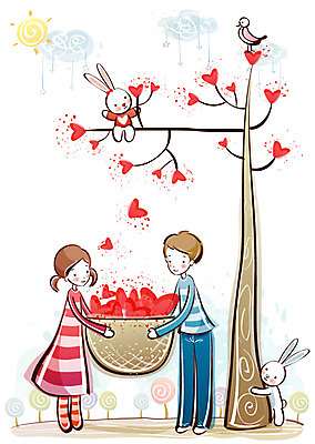 EPS 나무 커플 여자 열매 남자 행복 감정 데이트 일러스트 조류 사랑 사람 20대 두명 10대 바구니 토끼 국내일러스트 식물 동물 포유류 관계 청소년 청년 반려동물 파일형식 벡터
