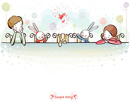 EPS 커플 여자 남자 행복 감정 의자 데이트 일러스트 식탁 사랑 사람 20대 두명 10대 토끼 강아지 국내일러스트 가구 포유류 관계 청소년 탁자 청년 반려동물 개 파일형식 벡터