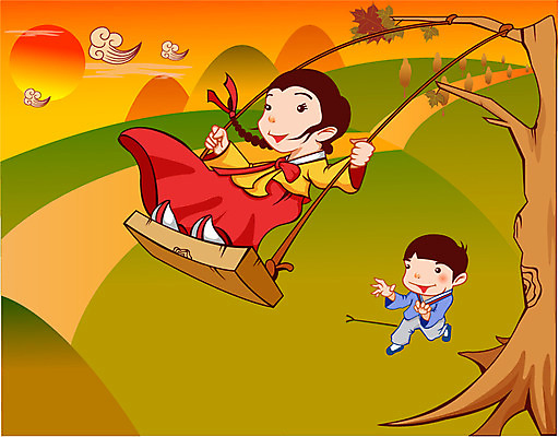 EPS 주간 나무 구름 커플 계절 여자 명절 남자 길 어린이 일러스트 하늘 산 사람 초원 야외 두명 태양 추석 가을 한복 언덕 그네 그네타기 어린이만 국내일러스트 자연요소 식물 한국전통 전통 기념일 관계 놀이 전통의상 파일형식 벡터