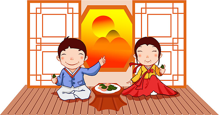 EPS 주간 계절 여자 명절 남자 어린이 일러스트 떡 실내 사람 두명 태양 추석 노을 가을 한복 송편 어린이만 국내일러스트 자연요소 한국전통 전통 기념일 내부 전통의상 파일형식 벡터