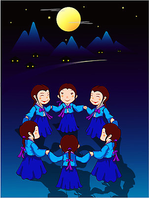 EPS 계절 여자 명절 별 어린이 일러스트 가족 밤하늘 산 사람 여러명 야외 추석 전통놀이 보름달 달 가을 야간 한복 강강술래 여자만 어린이만 국내일러스트 자연요소 한국전통 전통 기념일 다수 관계 놀이 하늘 전통의상 파일형식 벡터
