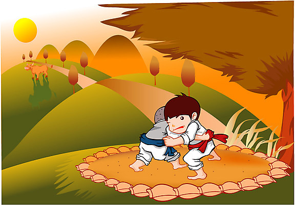 EPS 주간 나무 계절 명절 남자 길 어린이 일러스트 사람 야외 두명 태양 추석 전통놀이 가을 농촌 시골 소 한복 언덕 씨름 씨름판 모래판 남자만 어린이만 소년만 국내일러스트 자연요소 식물 한국전통 전통 기념일 스포츠 포유류 놀이 전통의상 파일형식 벡터