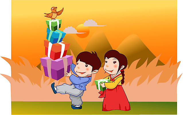 EPS 주간 구름 커플 계절 여자 명절 남자 어린이 일러스트 산 선물 사람 초원 야외 두명 태양 추석 가을 한복 참새 추석선물 어린이만 국내일러스트 자연요소 한국전통 전통 기념일 관계 조류 전통의상 파일형식 벡터 명절선물