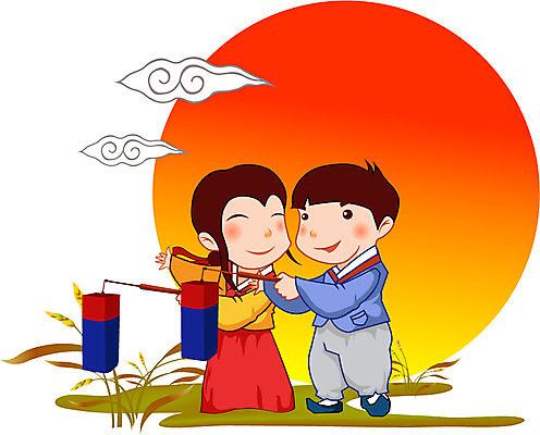 EPS 주간 구름 커플 계절 여자 명절 남자 어린이 일러스트 사람 야외 두명 태양 추석 노을 일몰 가을 등불 풀 한복 청사초롱 어린이만 국내일러스트 자연요소 식물 한국전통 전통 기념일 관계 조명 전통의상 초롱 파일형식 벡터
