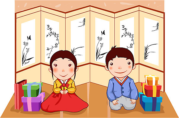 EPS 계절 여자 명절 남자 어린이 일러스트 실내 선물 사람 두명 추석 가을 한복 병풍 추석선물 어린이만 국내일러스트 한국전통 전통 기념일 내부 전통의상 파일형식 벡터 명절선물