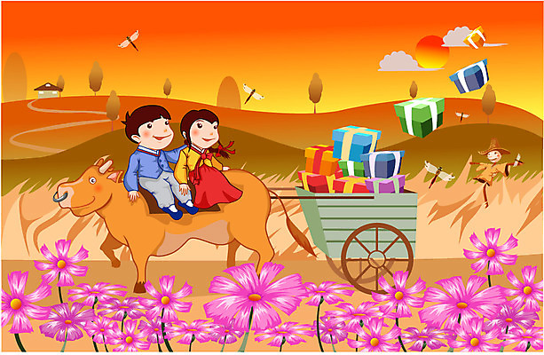 EPS 주간 구름 계절 여자 명절 남자 어린이 꽃밭 일러스트 선물 사람 초원 야외 두명 태양 추석 수레 가을 농촌 시골 소 한복 언덕 코스모스 추석선물 어린이만 국내일러스트 자연요소 한국전통 전통 기념일 꽃 포유류 카트 전통의상 파일형식 벡터 명절선물