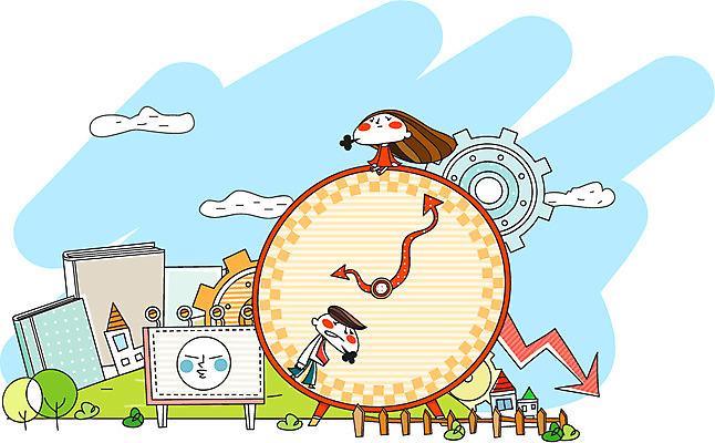 EPS 주간 나무 구름 여자 남자 시계 일러스트 비즈니스 피곤 사람 야외 두명 책 울타리 비즈니스맨 비즈니스우먼 하락 톱니바퀴 불만족 국내일러스트 자연요소 식물 컨셉 담장 직장인 파일형식 벡터