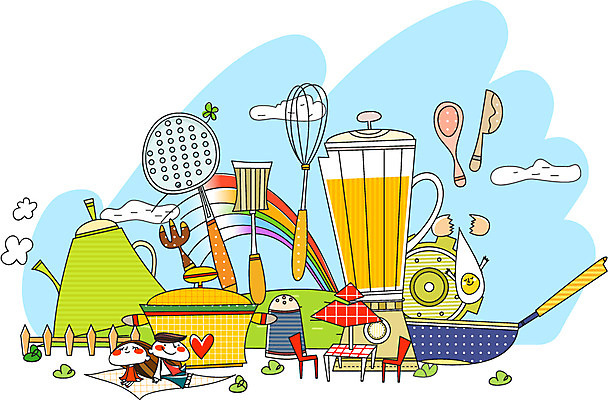 EPS 주간 여자 남자 포크 무지개 일러스트 비즈니스 주방용품 사람 야외 두명 울타리 요식업 계란 숟가락 파라솔 프라이팬 칼 냄비 찻주전자 믹서 즐거움 돗자리 톱니바퀴 양념통 거품기 주걱 국내일러스트 자연요소 식기 감정 산업 생활용품 주전자 수저 통 담장 알 양념 솥 파일형식 벡터