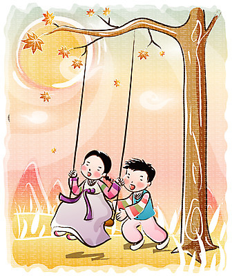 EPS 계절 여자 명절 남자 어린이 일러스트 놀이 단풍나무 남매 사람 소녀 소년 야외 두명 추석 가을 농촌 시골 한복 그네 고향 어린이만 국내일러스트 나무 한국전통 전통 기념일 단풍 가족 전통의상 파일형식 벡터