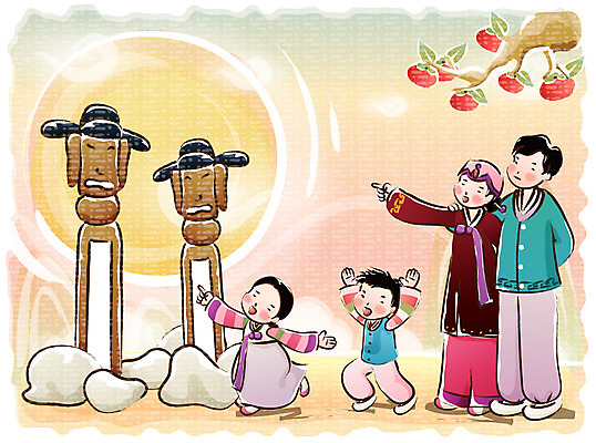 EPS 주간 계절 여자 명절 남자 어린이 일러스트 가족 사람 소녀 소년 여러명 야외 추석 가을 농촌 시골 한복 감나무 장승 고향 귀향 어린이만 국내일러스트 자연요소 나무 한국전통 전통 기념일 다수 관계 감 전통의상 파일형식 벡터