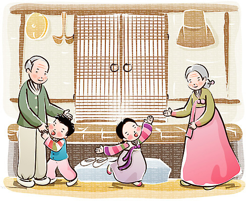 EPS 계절 여자 명절 할아버지 남자 할머니 어린이 고건축 일러스트 가족 손자 손녀 사람 소녀 소년 여러명 야외 추석 가을 농촌 시골 한복 시골집 고향 재롱 국내일러스트 한국전통 전통 건축물 기념일 노년 다수 관계 주택 전통의상 손주 파일형식 벡터