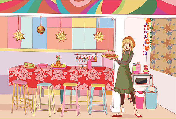 우먼라이프 여자 가사 일러스트 식탁 휴식 요리 사람 케이크 식당 리빙 상업시설 여자만 국내일러스트 라이프스타일 컨셉 탁자 디저트 상점 시설 상업