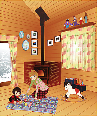 EPS 주간 우먼라이프 계절 여자 어린이 액자 겨울 거실 일러스트 창문 놀이 휴식 실내 사람 두명 인테리어 장난감 평화 육아 커튼 목말 벽난로 리빙 여자만 어린이만 소녀만 국내일러스트 자연요소 라이프스타일 디자인 컨셉 모션 내부 파일형식 벡터