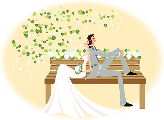 EPS 식물 커플 드레스 여자 남자 행복 부케 웨딩드레스 결혼 벤치 일러스트 사랑 사람 정장 턱시도 두명 장미 덩굴 국내일러스트 옷 꽃 감정 꽃다발 의자 관계 이벤트 파일형식 벡터