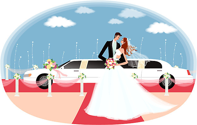 EPS 주간 구름 커플 드레스 여자 남자 꽃 부케 웨딩드레스 결혼 일러스트 하늘 사람 정장 턱시도 야외 두명 장식 웨딩카 레드카펫 리무진 국내일러스트 자연요소 식물 옷 꽃다발 관계 자동차 이벤트 파일형식 벡터