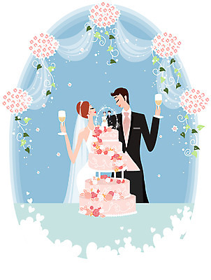 커플 여자 남자 꽃 결혼 일러스트 사람 장식 케이크 하트 샴페인 웨딩케이크 샴페인잔 국내일러스트 모양 식물 술잔 관계 디저트 주류 이벤트