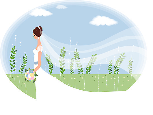 EPS 주간 나무 구름 드레스 여자 신부 부케 웨딩드레스 결혼 일러스트 하늘 나뭇잎 한명 사람 초원 야외 여자만 여자한명만 국내일러스트 자연요소 식물 1 옷 꽃다발 잎 이벤트 파일형식 벡터